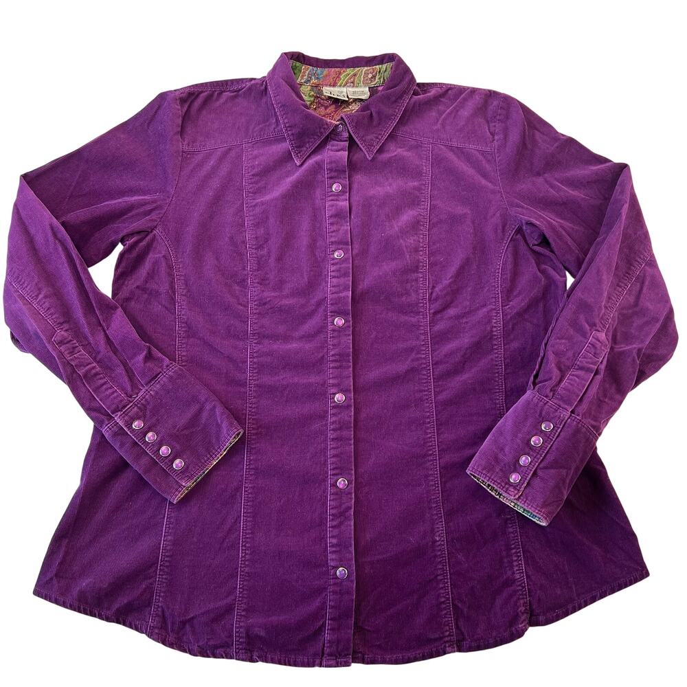 duo Maternity Purple corduroy Pearl Snap shirt women’s size Medium